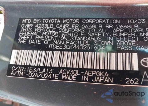 2004 Toyota Camry Xle из США, поврежденный, VIN JTDBE30K440261604